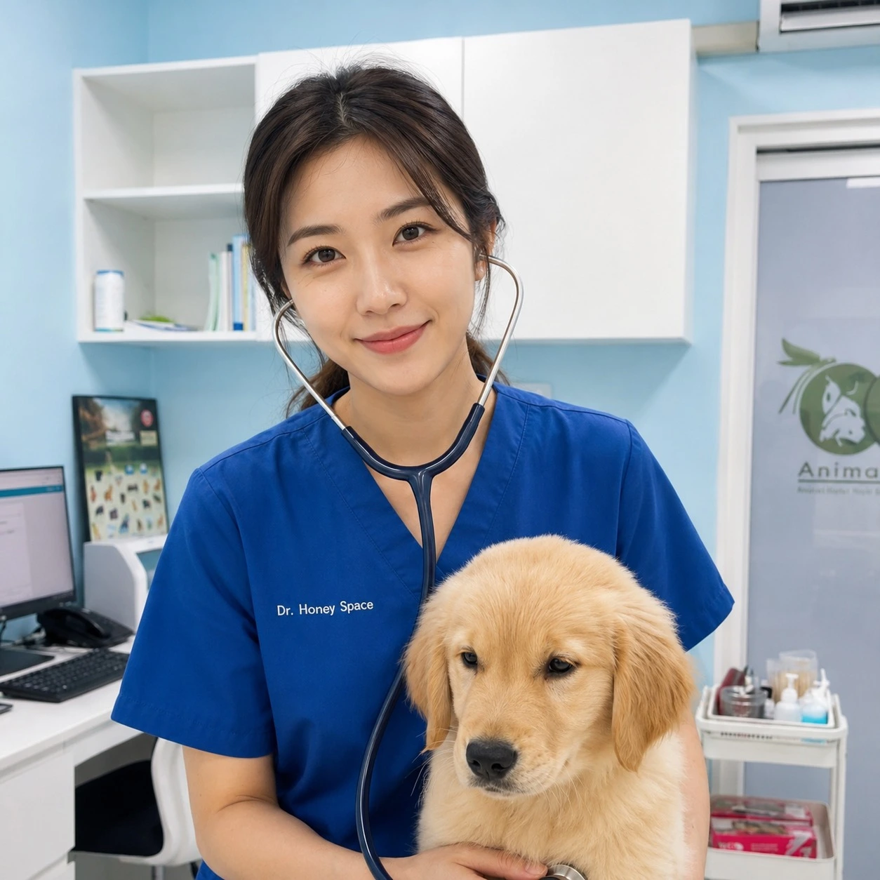 Dr. Petora with a golden retriever puppy